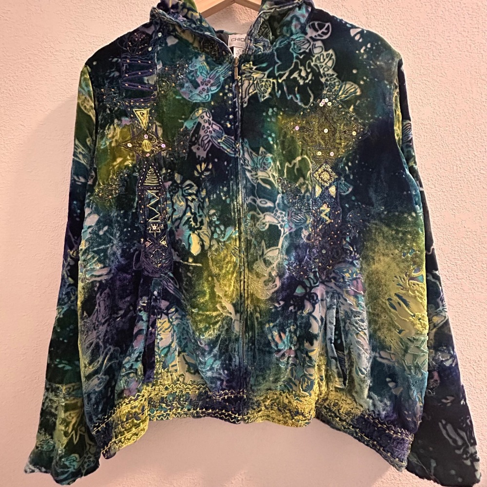 Chicos Silk Blend Burnout Velvet Zip Hoodie Jacket Teal sequin Abstract Size 2 L